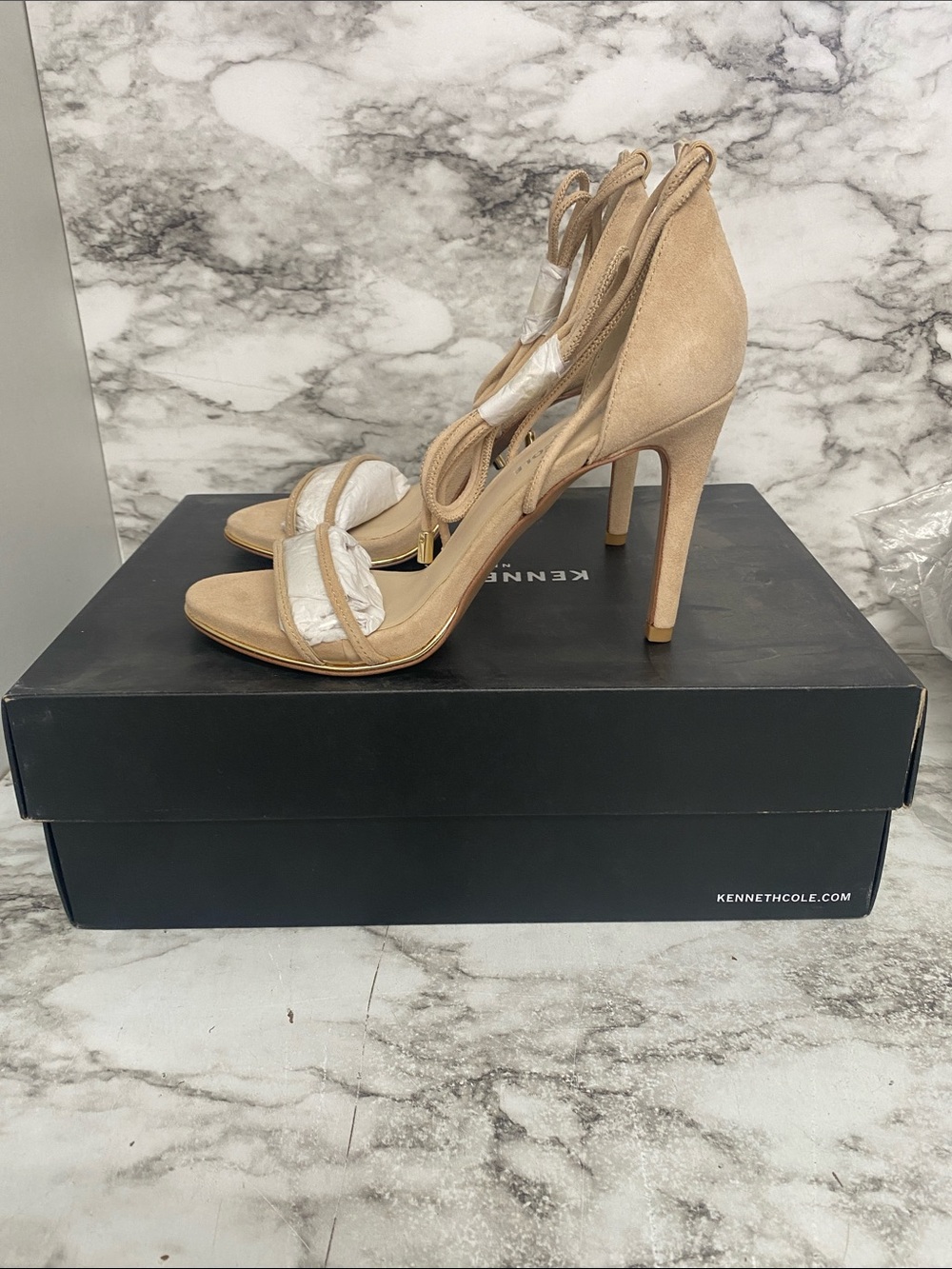 Kenneth Cole Beige Suede Strappy Stiletto Sandals